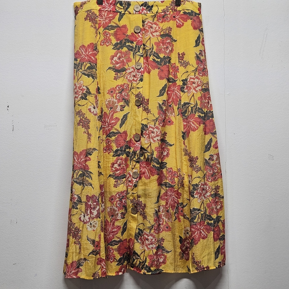 Mlle Gabrielle Yellow Floral Button Front Midi Skirt Size L Boho Cottagecore